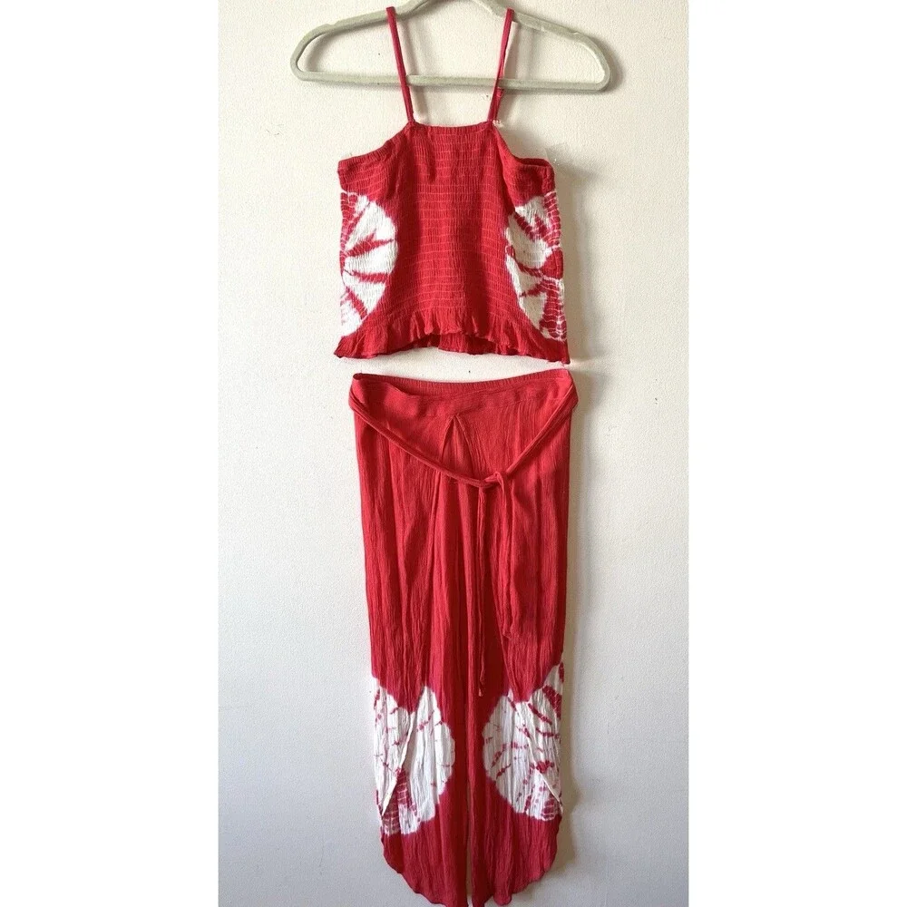 India Boutique Boho Festival 2 Piece Set Pink Red Tie Dye Crop Top Pants OS